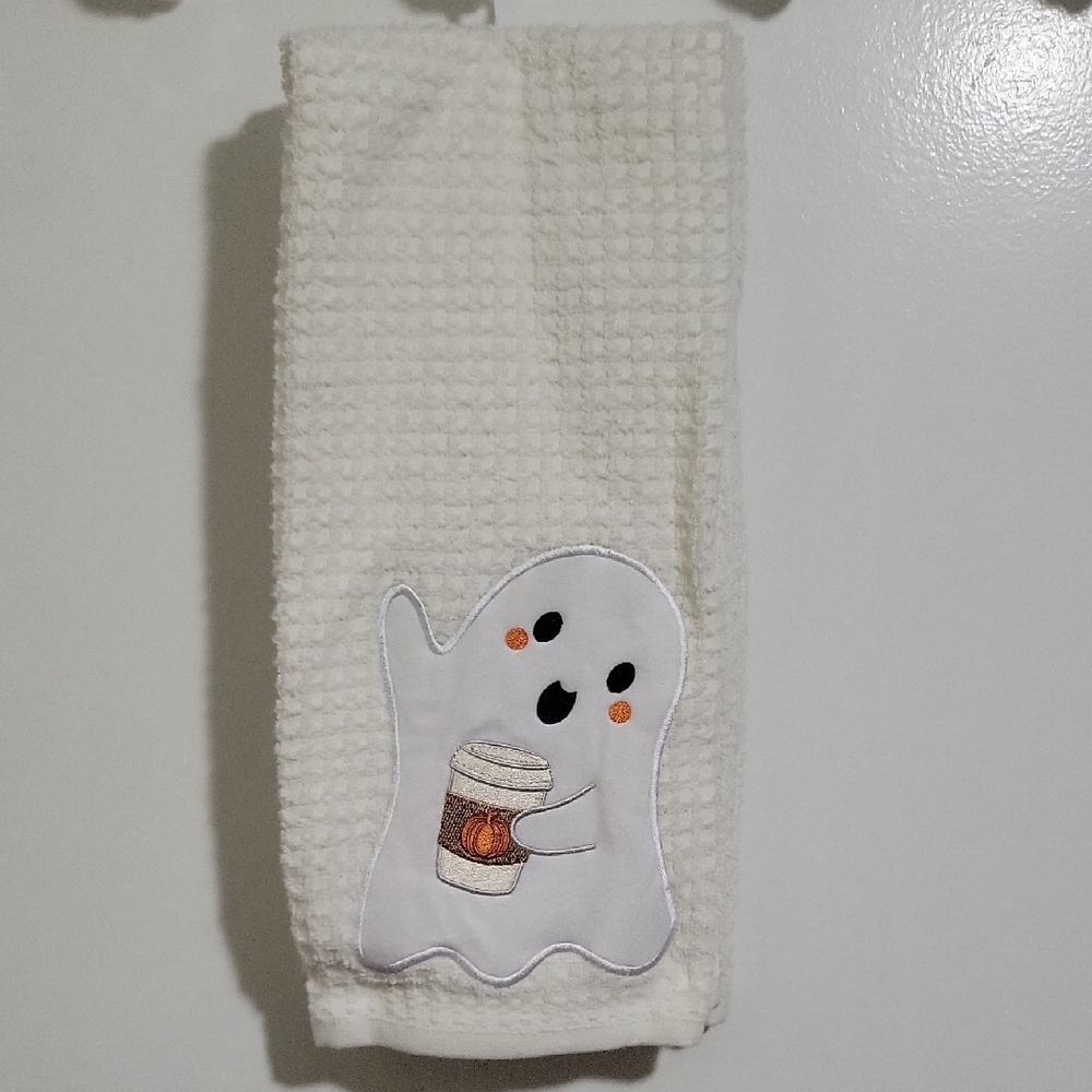 Set Of 2 White  Ghost Holding Latte  Embroidered Kitchen Towel